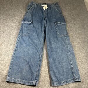 GAP Denim High Rise Wide Leg Cargo Pants Women’s Medium Blue Jeans Elastic Waist